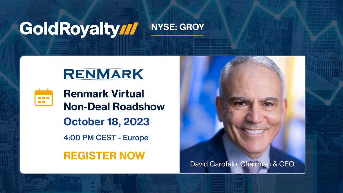 ⭐ EVENT | Renmark Virtual Non-Deal Roadshow: NYSE American - GROY with David Garofalo - Chairman & CEO
🗓️ Wednesday, Oct 18, 2023 - 4:00 PM CEST - Europe
🔗 Register for the event on @renmarkmedia » stockmkt.info/46J87GR 
#RenmarkVNDR #NYSElisted #NYSE