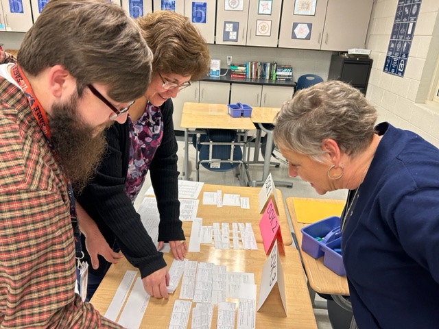 High-school Math Curriculum Committee members met to continue the work they started this summer, looking at common pacing, assignments, and assessments. Teachers compared test questions to Webb's DOK which prompted great discussions about task and assessment design. #mcslearn