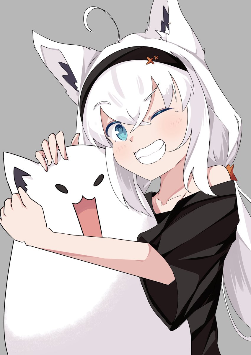 shirakami fubuki 1girl animal ears fox ears one eye closed smile white hair shirt  illustration images