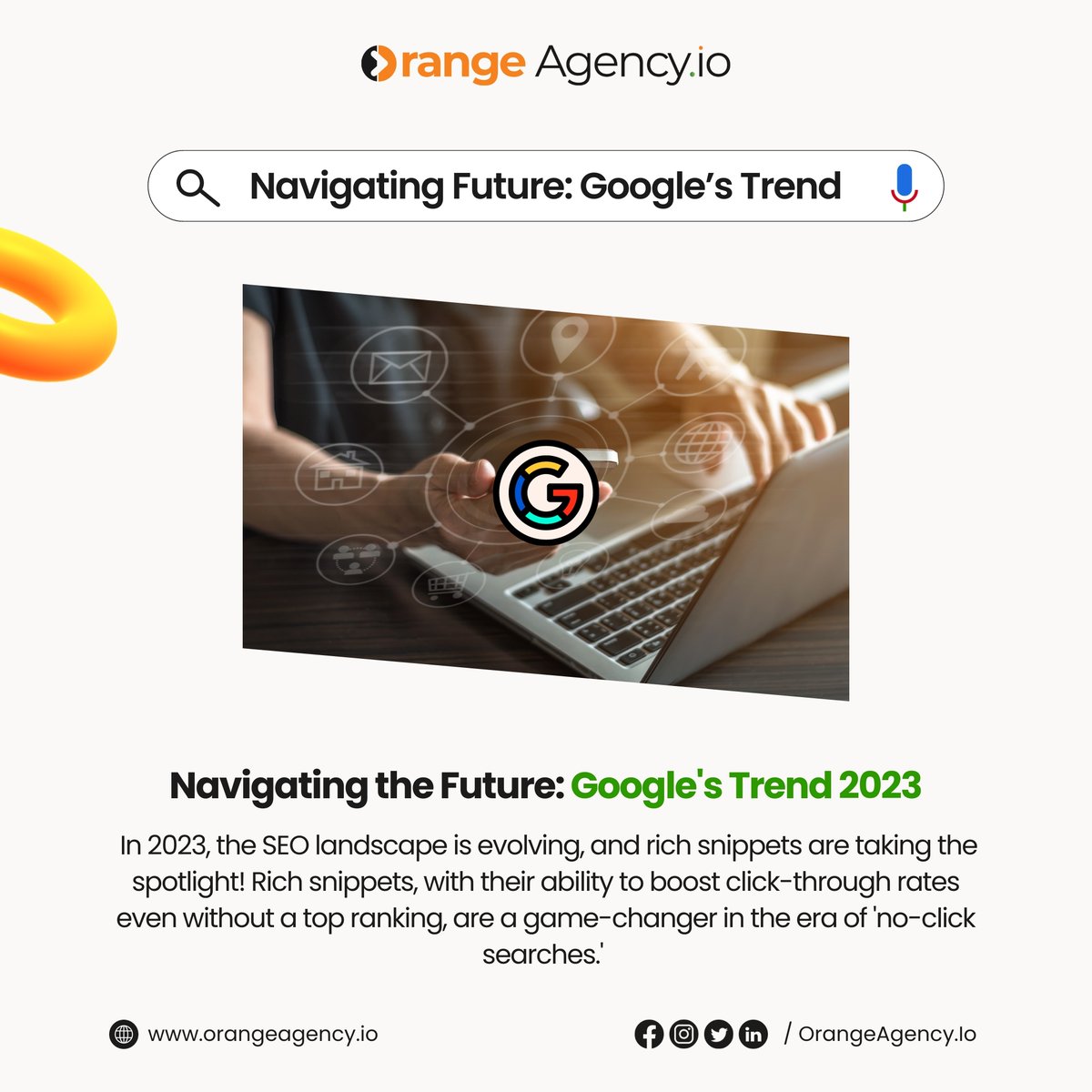 Navigating the Future: Google's Trend 2023.

Stay ahead, stay visible with orangeagency.io

#OrangeAgency #SEO2023 #GoogleTrends #RichSnippets #OrganicClicks #NoClickSearches #SEOStrategy #DigitalMarketing #SearchEngineOptimization #Niger #ElonMusk #Titanic #TheEqualizer3