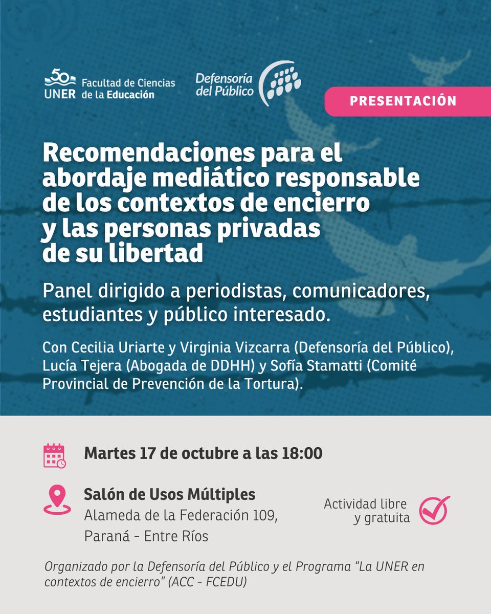 📣 Se presentará “Recomendaciones para el abordaje mediático responsable de los contextos de encierro y las personas privadas de libertad” en la FCEDU.

📌 Martes 17 de octubre a las 18:00 en el Salón de Usos Múltiples.