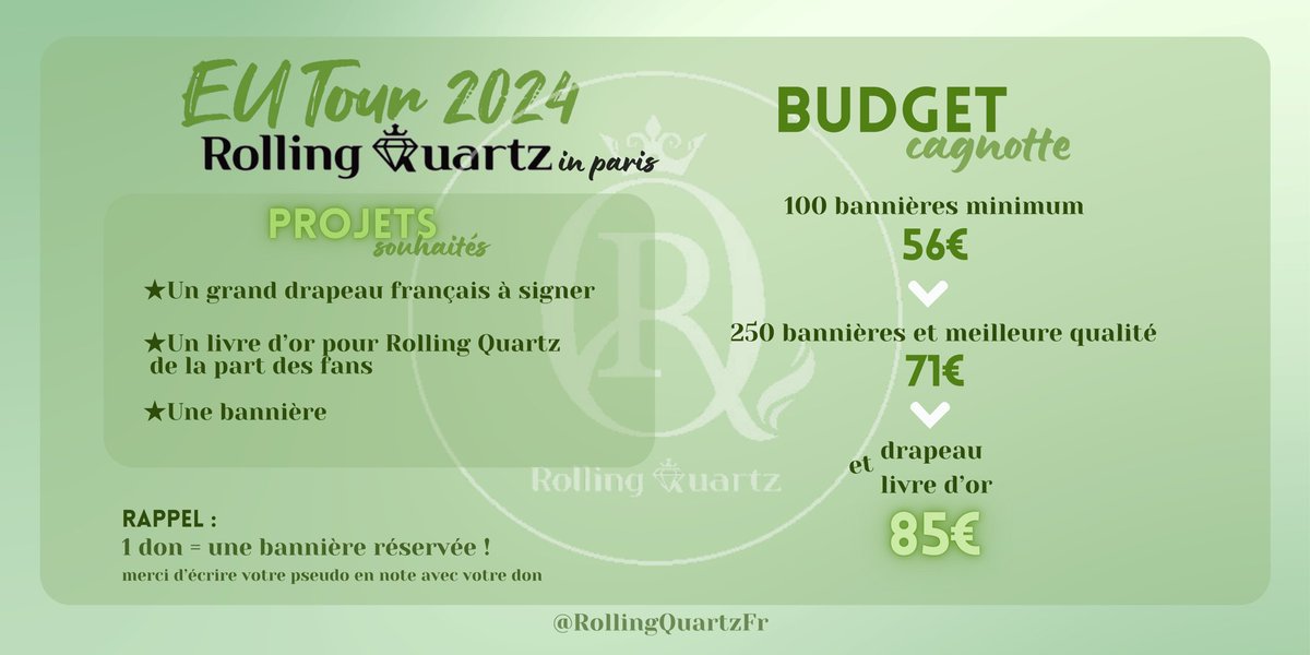 [CAGNOTTE CONCERT] 🏷️

Voici les projets choisis ainsi que la cagnotte pour ceux-ci ! 

- Cagnotte PAYPAL : rollingquartz.ishere@gmail.com

RAPPEL :
Le visuel de la bannière sera choisi via un sondage début novembre ! 👩🏼‍💻

#RollingQuartz