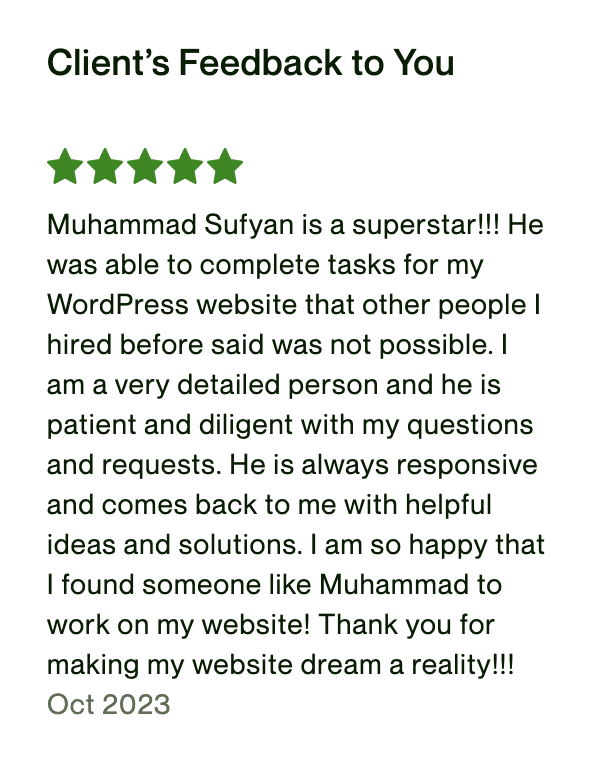 SufyanDeveloper's tweet image. It&apos;s really feel amazing that your clients are happy. Thank You Allah for the opportunities you have provided to me. Hardwork, Dedication, and Passion always payoff. #freelancing #Entrepreneurship #xfinitive #webdevelopment #WordPress