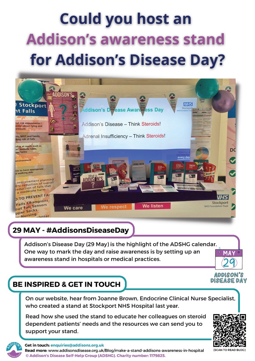 AddisonsUK's tweet photo. Make a stand 💪Get ready for #AddisonsDiseaseDay &amp; plan an awareness stand in your hospital to educate colleagues on adrenal insufficiency &amp; the needs of a steroid-dependent person.  

Get inspiration from @endocrinenurse &amp; download our leaflet to share🔗 https://t.co/gY3FeNOKlk https://t.co/pCTYwFnWFn