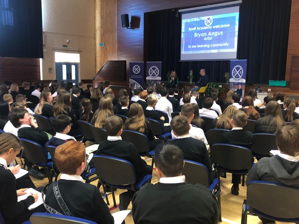 BanffAcademyBXA's tweet photo. As part of our Doorstep Explorers course all S1 pupils took part in a Q&amp;A with local artist @BryanAngusArt This was a brilliant opportunity for pupils to learn from Bryan to help them with their own pieces of lino print artwork. https://t.co/VeVB6OShnq