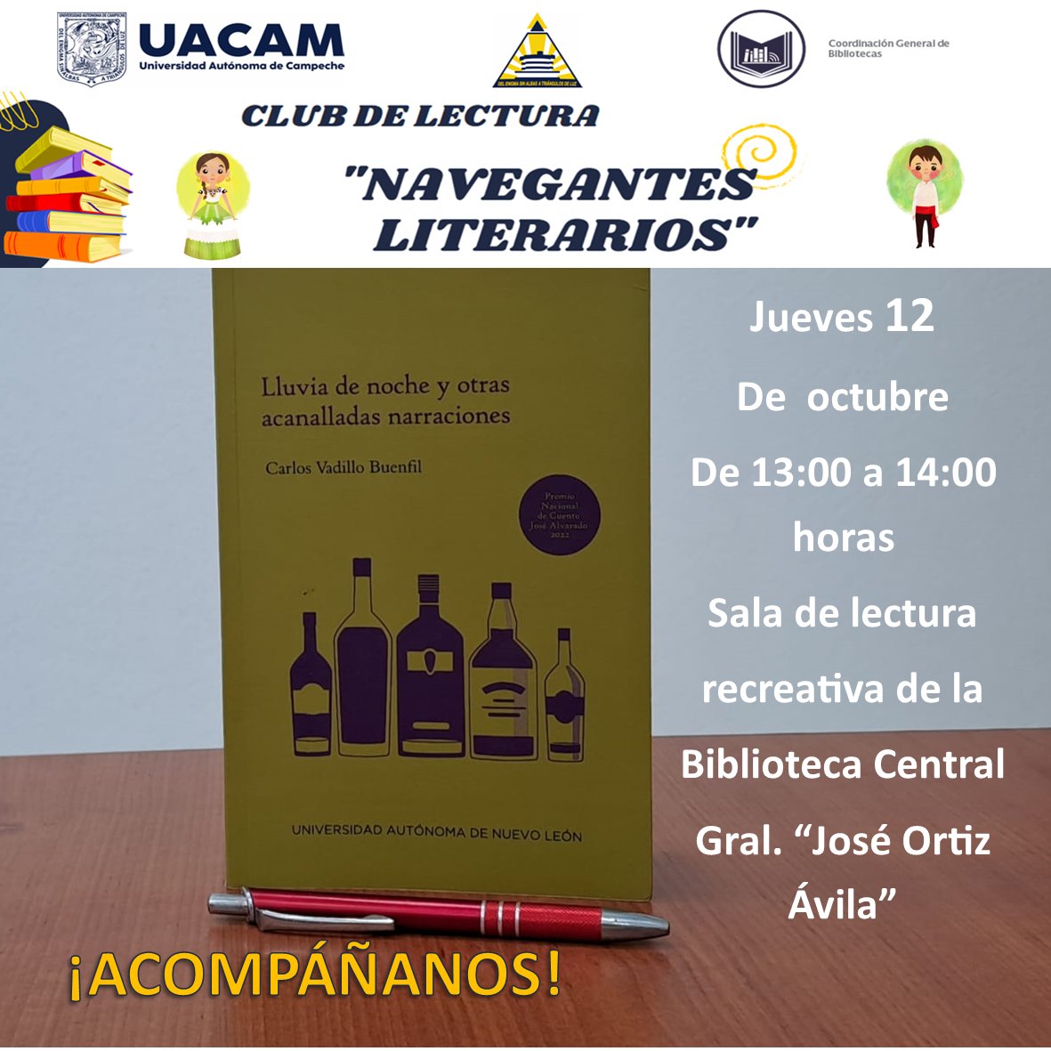 ¡Ven y únete a nosotros! 
La Coordinación General de Bibliotecas invita al público general al club de lectura “Navegantes Literarios”.
 ¡Te esperamos... ¡No te lo pierdas!
#CoordinaciónGeneraldeBibliotecas #Libros #Lectura #FomentandoLectura #ClubdeLectura #NavegantesLiterarios