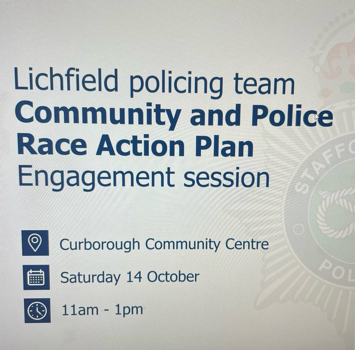 Please join us on Saturday 14th October from 11 am at Curborough Community Centre where we are holding a community engagement event about our Police Race action plan. Anyone who is interested in contributing to how policing is improved for black communities is welcome to join us.