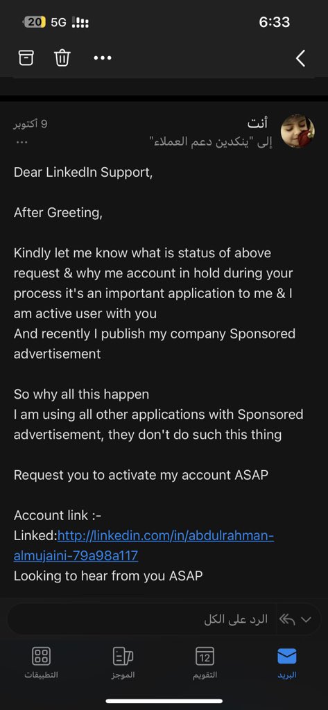 alhndmi's tweet photo. @LinkedInHelp Dear
I have submitted complaint (under Reference # 231008-010813) regarding freezing my account, past of more than three working days and no accurate response till now . kindly reply to in DM ASAP what issue there. my account is too important to me, see below mail screenshot https://t.co/GkabBbCbRf