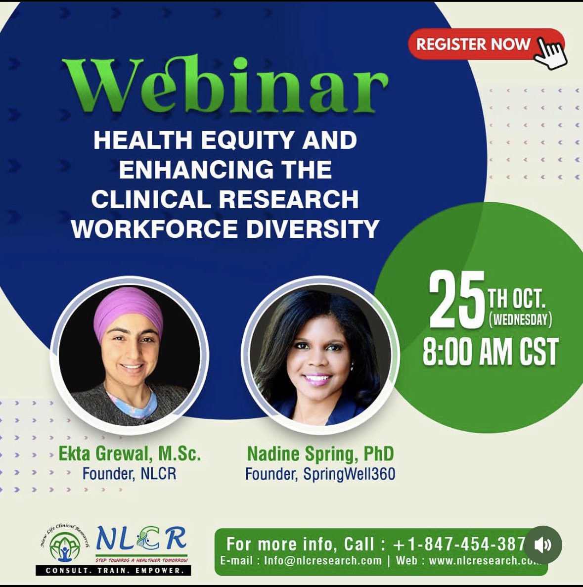 NewLifeResearch's tweet photo. Learn from Dr spring, advocate for health equity and diversity in clinical research.
[Registration link] 🔗 https://t.co/Bz8H6NYjtg
#HealthEquity #DiversityInResearch #ClinicalTrials #MedicalResearch #InclusionMatters #ResearchDiversity #nlcresearch #sikhsinclinicalresearch https://t.co/HaZ9DsSbev