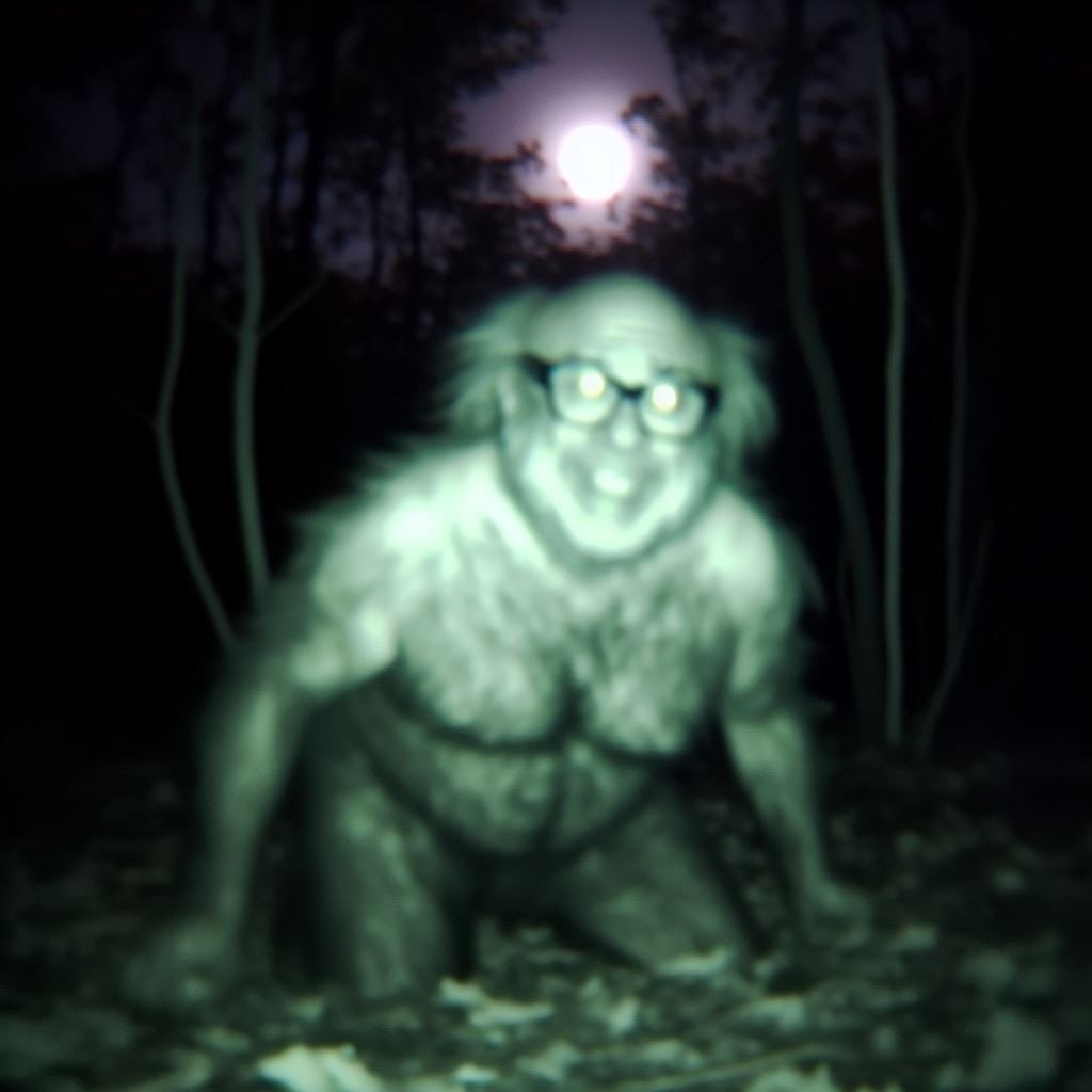 Blurry trailcam footage of Danny Devito Transforming into a Werewolf in the wilderness