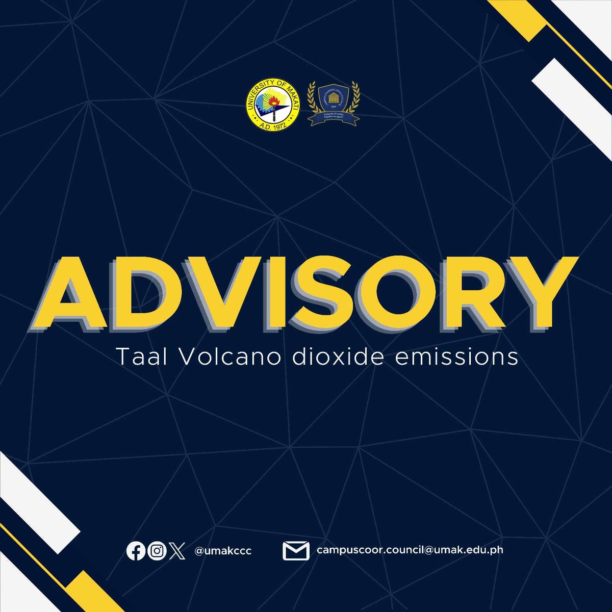 umakccc's tweet photo. 𝐀𝐃𝐕𝐈𝐒𝐎𝐑𝐘: Taal Volcano Dioxide Emissions

As of today, 6:00 P.M., the Philippine Institute of Volcanology and Seismology (PHIVOLCS-DOST) aired a notice informing the public on Taal Volcano’s Sulfur Dioxide emissions. https://t.co/xX9uCWzUS1