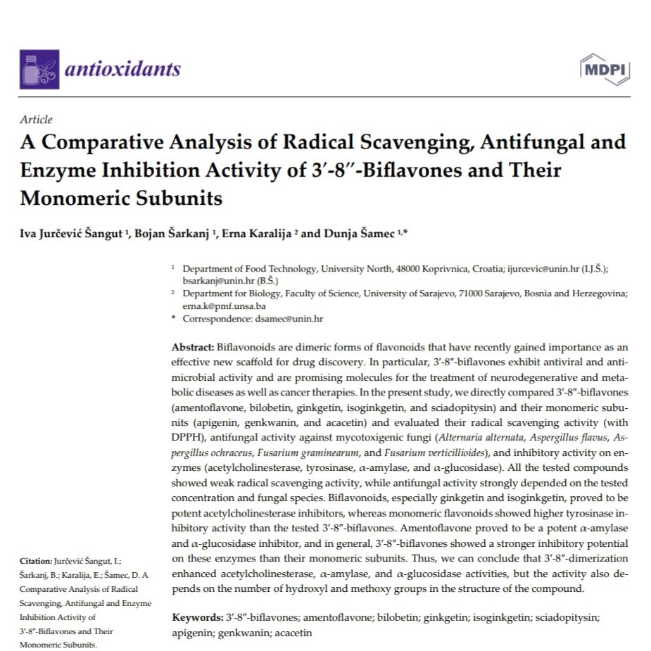 sa_dunja's tweet photo. 5th paper within our @GinkobiflavHrzz @hrzz_science project is published in a journal @antioxidants_OA (IF=7). This is firs first-author paper of our PhD student @Iva_Jurcevic_  Congratulations! @ErnaKaralija @BojanSarkanj 

https://t.co/IonTqnRLe3… https://t.co/yxTRKnS7R7