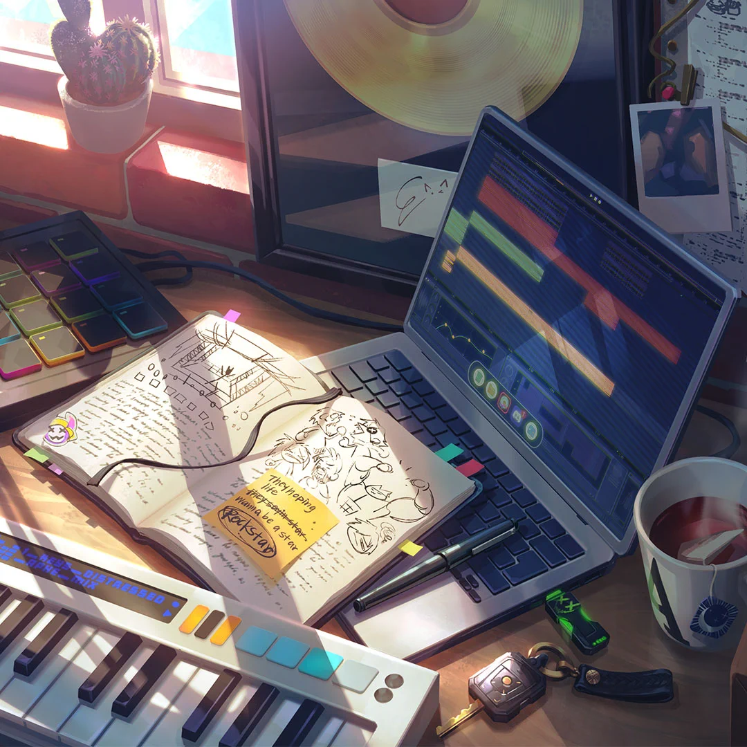 A messy desk setup with a laptop, notebook, MIDI pad, and electronic keyboard.