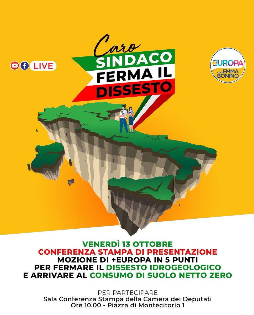 Piu_Europa's tweet photo. Domani venerdì 13 ottobre, in cui si celebra la Giornata internazionale per la Riduzione del Rischio dei Disastri Naturali, alle ore 10 presso la sala stampa della Camera dei Deputati, +Europa presenta l’iniziativa “Ferma il dissesto”, in cui verranno presentati cinque impegni concreti per la salvaguardia del territorio nazionale e per la nostra sicurezza. 

Interverranno il segretario di +Europa @riccardomagi , il presidente @FedePizzarotti e il vicesegretario @pier_falasca.