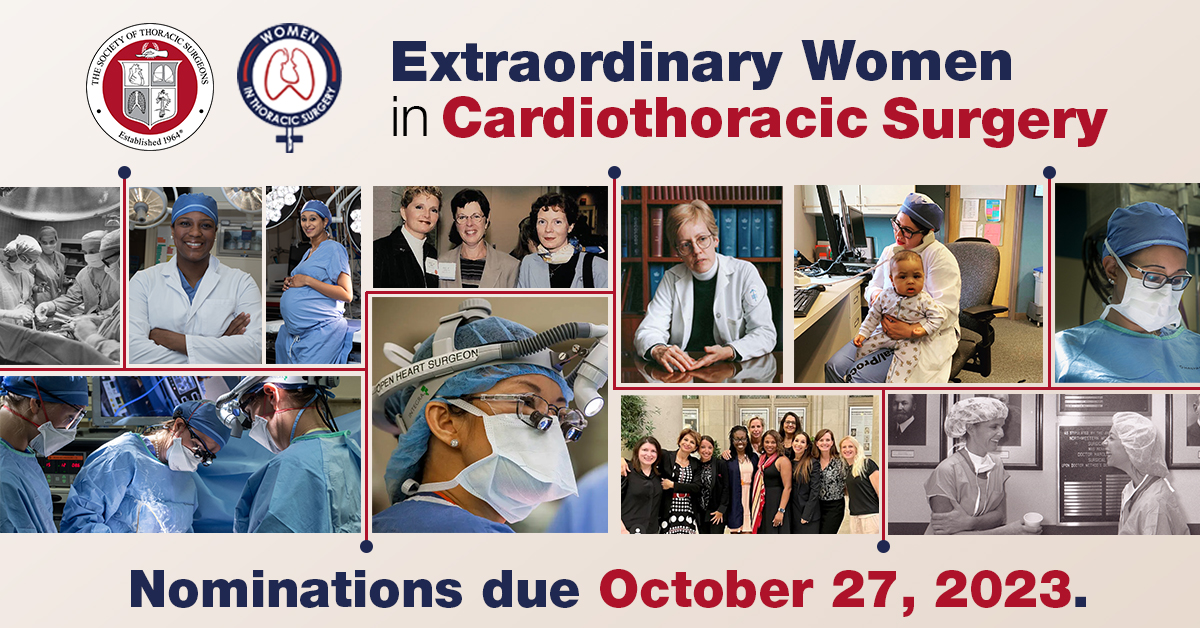 The Society of Thoracic Surgeons (@sts_ctsurgery) on Twitter photo Nominations are due Fri., Oct. 27, for the Extraordinary Women in CT Surgery Award. Nominate an exemplary clinician and surgeon, leader, educator, mentor, advocate. STS & <a href="/WomenInThoracic/">WomenInThoracicSurg</a> will honor recipients at #STS2024 in January. bit.ly/46hV0wq Nominations are due Fri., Oct. 27, for the Extraordinary Women in CT Surgery Award. Nominate an exemplary clinician and surgeon, leader, educator, mentor, advocate. STS & <a href="/WomenInThoracic/">WomenInThoracicSurg</a> will honor recipients at #STS2024 in January. bit.ly/46hV0wq