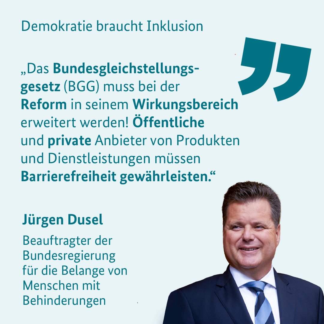 ⚖️ Das Behindertengleichstellungsgesetz (#BGG) wird reformiert! 
Der Behindertenbeauftragte Jürgen Dusel fordert: #Barrierefreiheit stärken – im öffentlichen und privaten Raum! 

#Inklusion #Gleichstellung #Teilhabe