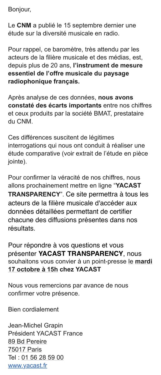 Point-Presse <a href="/Yacast_Officiel/">YacastOfficiel</a> mardi 17 octobre à 15h pour présenter le site « YACAST TRANSPARENCY ».
Cet outil a pour objectif d’apporter une transparence complète sur l’étude comparative réalisée suite à la publication par <a href="/BMAT/">BMAT</a> des chiffres sur la diversité musicale en radio.