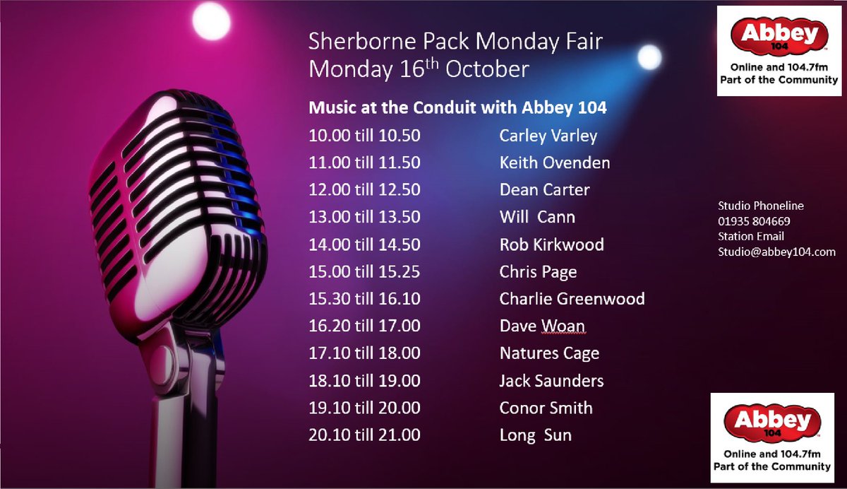 Abbey_104's tweet photo. Just 4 days to go to this year’s #packmondayfair we have a wonderful lineup for your enjoyment.
Come &amp; say hello to the Abbey104 team at the Conduit.
Don’t forget most of the car parks are free. https://t.co/uEelDB9Pt9