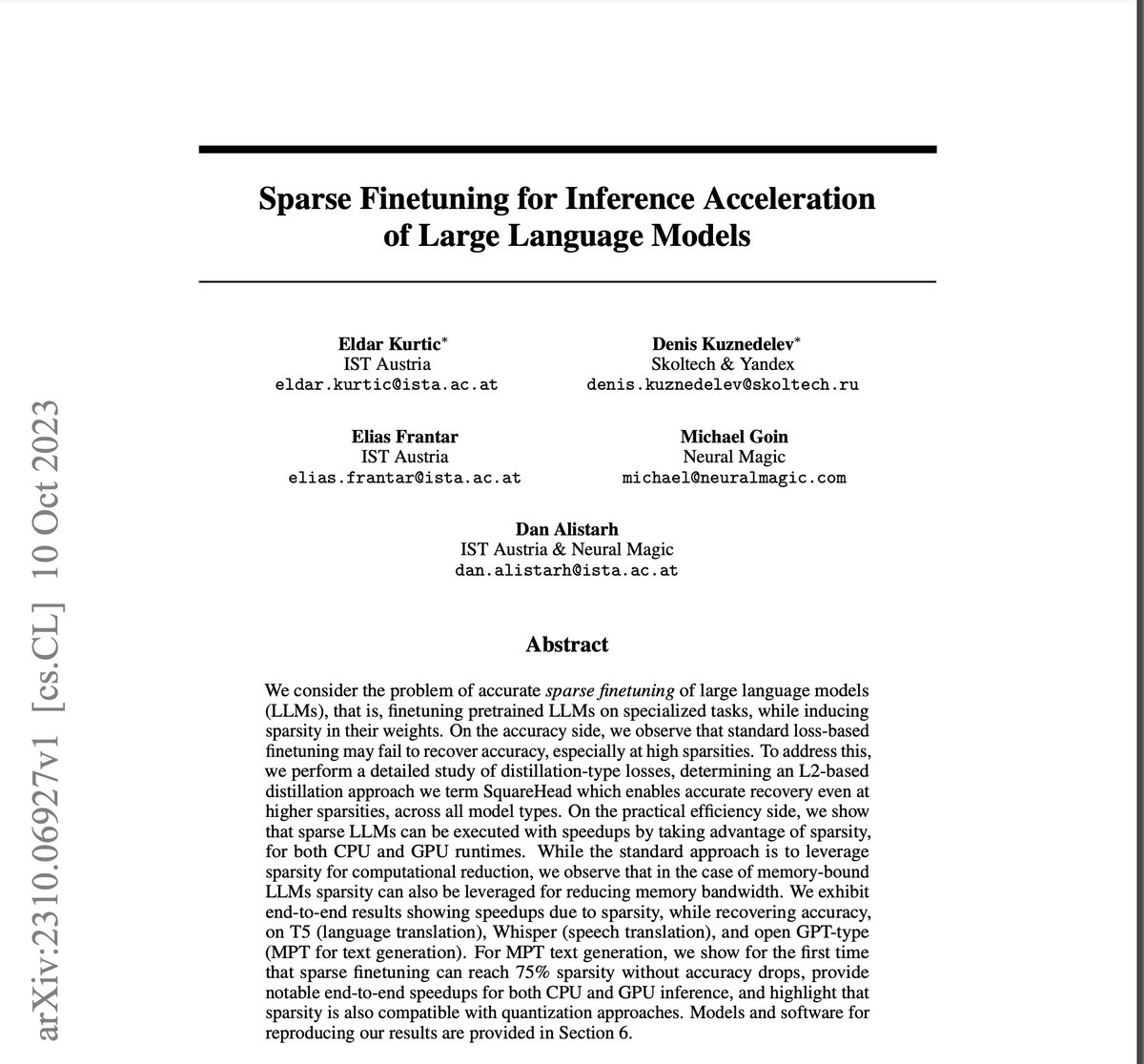 Michael Goin (@mgoin_) on Twitter photo Exciting news from our latest LLM compression research! 🚀 Together with <a href="/ISTAustria/">ISTAustria</a> and @neuralmagic, we’ve been exploring sparse finetuning for LLMs and achieved 7.7 tokens/second on a single core and at 26.7 tokens/second on 4 cores of an AMD Ryzen CPU! (1/n) Exciting news from our latest LLM compression research! 🚀 Together with <a href="/ISTAustria/">ISTAustria</a> and @neuralmagic, we’ve been exploring sparse finetuning for LLMs and achieved 7.7 tokens/second on a single core and at 26.7 tokens/second on 4 cores of an AMD Ryzen CPU! (1/n)