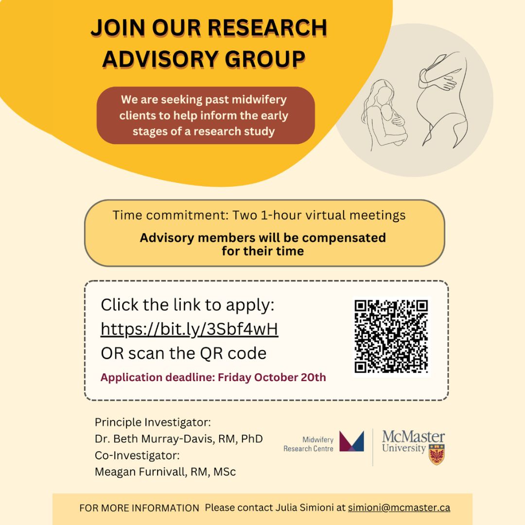 Our research team is seeking input from past midwifery clients as we design &amp; plan a study about Ontario midwifery care! 
Interested in joining our Ontario Community Advisory Group? 
Check out our application page for more information &amp; to sign up:  bit.ly/3Sbf4wH