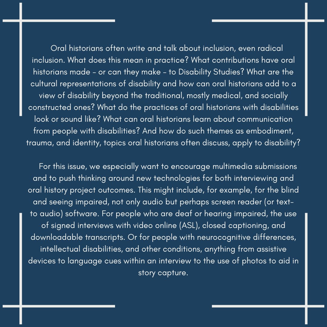 📣The Oral History Review is happy to
announce a call for papers for a special issue
dedicated to Oral History and Disability. To submit , use the OHR portal, mc.manuscriptcentral.com/ohr. The deadline for submissions is March 31, 2024.