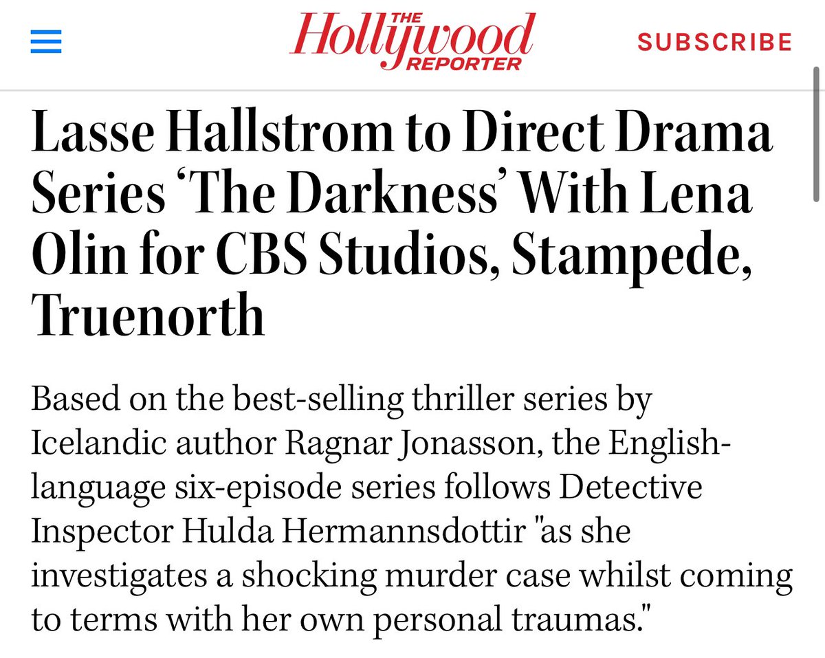 Thrilled to share that Oscar nominee Lena Olin will play Hulda in The Darkness, a six-part series directed by Oscar nominee Lasse Hallstrom. I will be serving as an executive producer for the series which will start shooting in Iceland later this year.

hollywoodreporter.com/tv/tv-news/las…