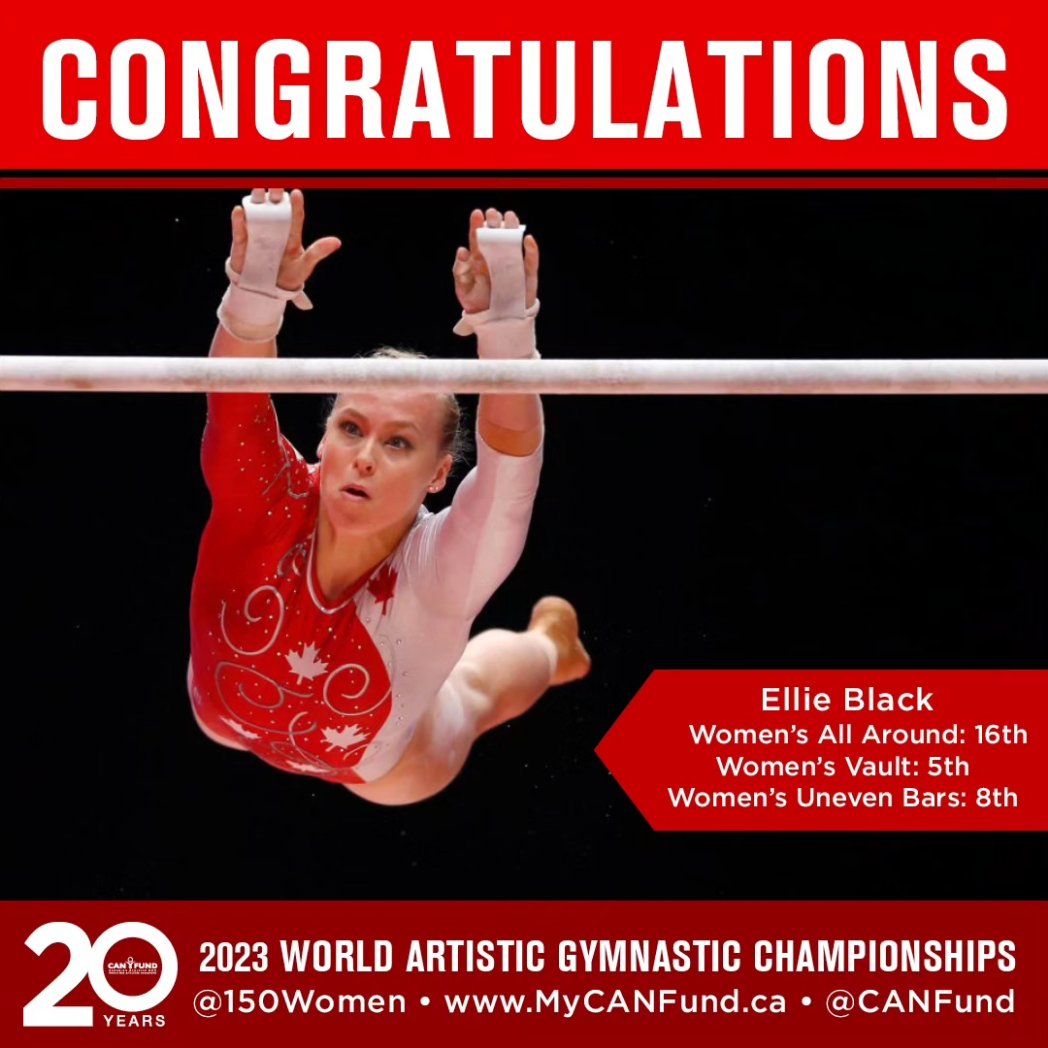 150women's tweet photo. The 2023 World Artistic Gymnastic Championships in Antwerp, Belgium have come to a close 🔥 

Congratulations to CAN Fund #150Women recipient Ellie Black: Women's All Around Final (16th), Women's Vault Final (5th), Women's Uneven Bars Final (8th)

#CANFund20 #Gymnastics https://t.co/za1I8yZSgJ