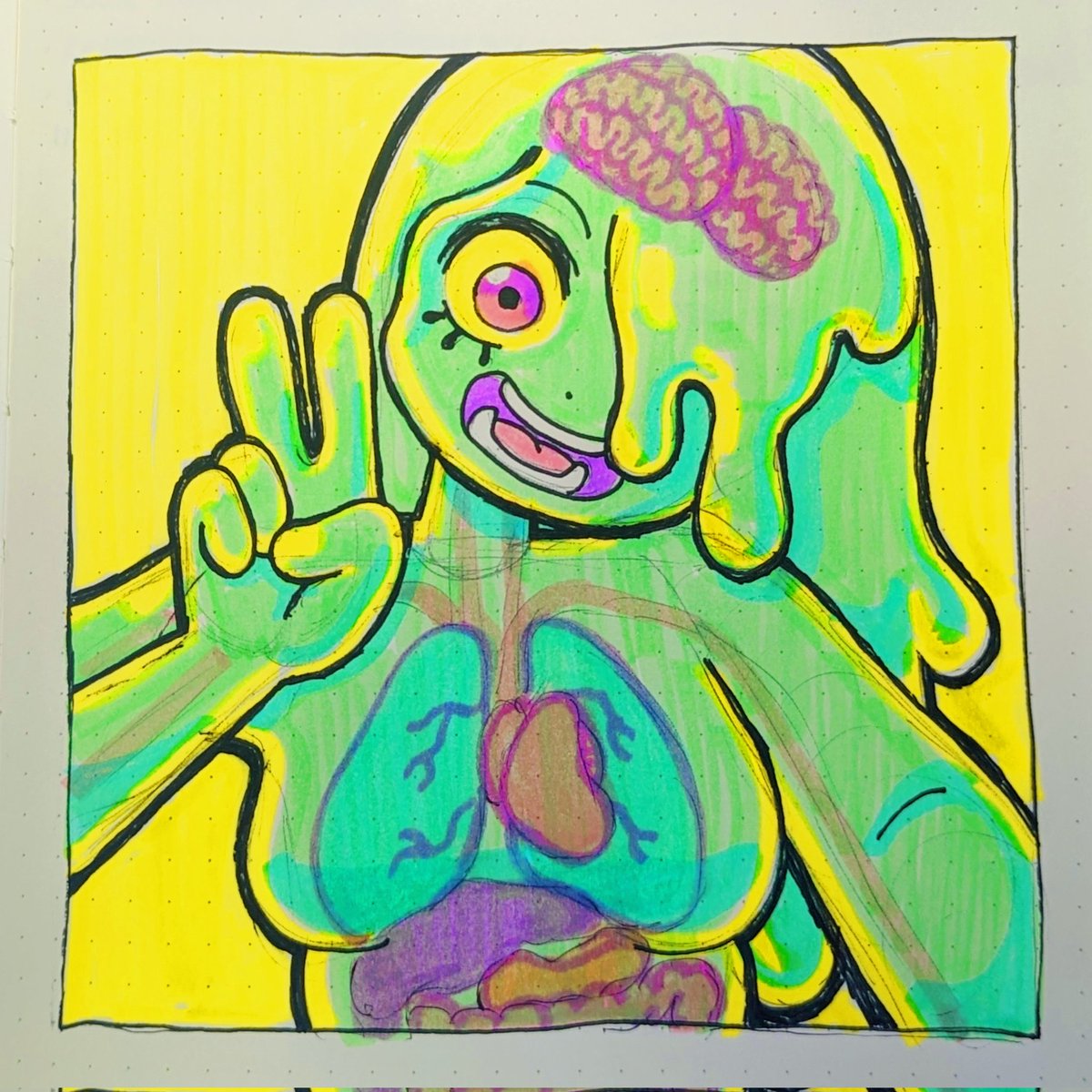 quick lunch time drawing....slime girl...highlighter and pen...
