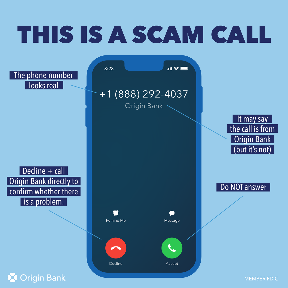 OriginBank's tweet photo. "Hi, this is Dave from the Origin Bank Fraud Department." Except it's not. 🚫 

Impersonation scams are on the rise + we want to keep you safe. If "Origin" calls, don't take any chances: HANG UP + dial a trusted # from the back of your card or our website: https://t.co/iTEarTvalA https://t.co/ngRyyUNUfp