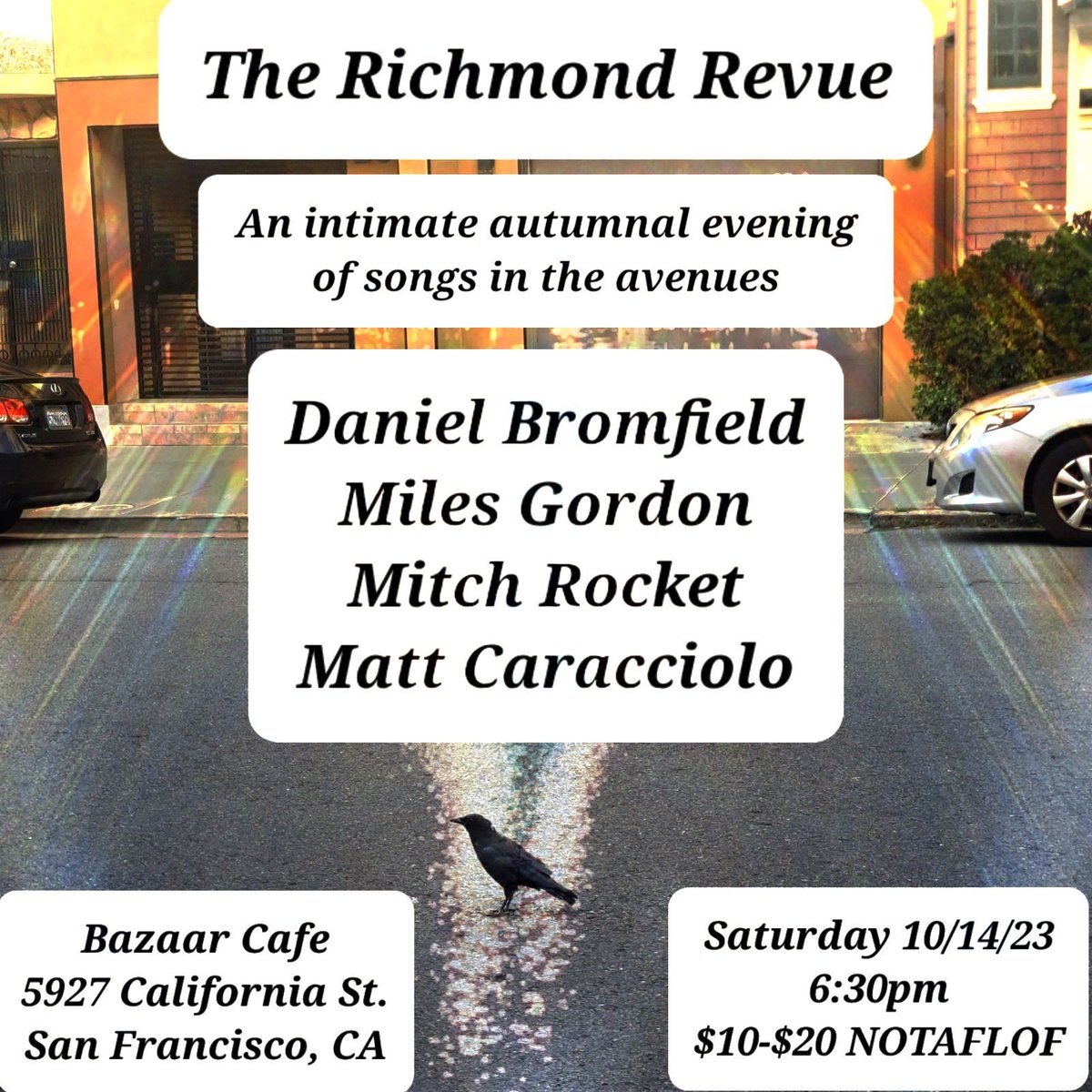 outerdistrict49's tweet image. Word is spreading about the Richmond Revue show this Saturday in SF’s Richmond District.  Get ready for surprise collaborations, special guests, and original songs by @mcar94 @bromf3 @MitchRocketSF &amp;amp; Miles Gordon in the friendly and intimate confines of Bazaar Café!