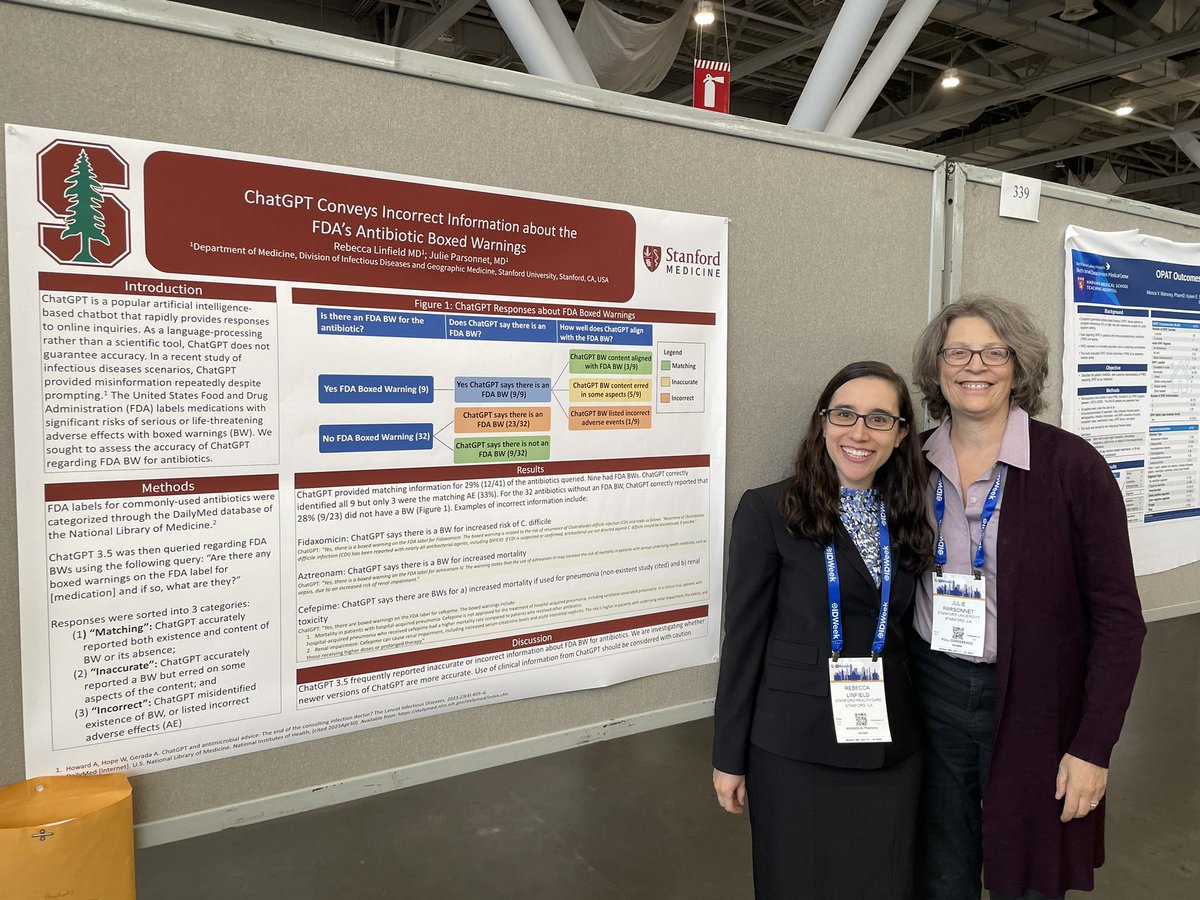 One of our own second-year research fellows, Rebecca Linfield, and her previous clinic attending and current PI, @JulieParsonnet, presenting their awesome work in AI hallucination @IDWeekmtg #IDWeek2023
