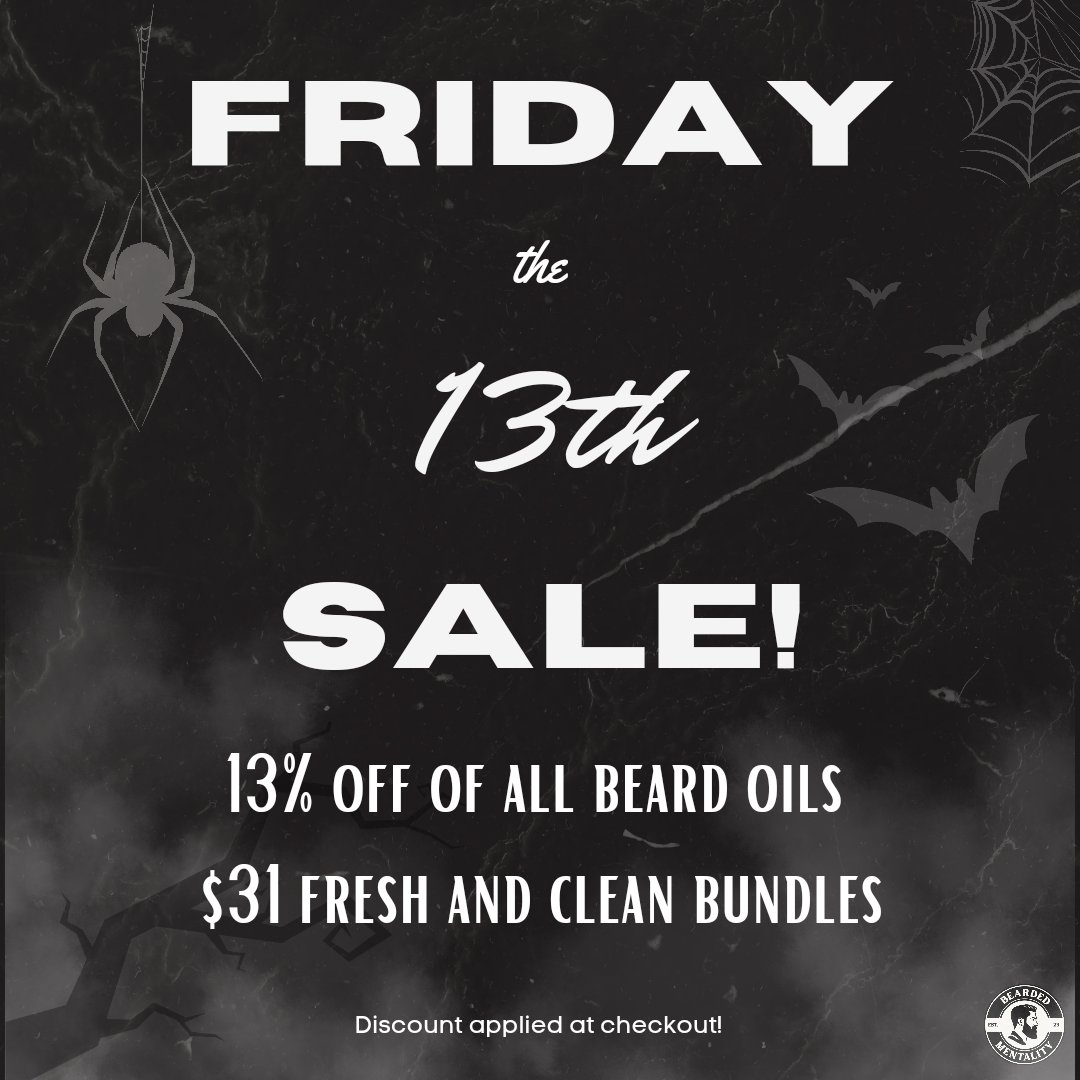 Make sure you check out our Friday the 13th sale! This will be live until 11:59 on Friday!

$31 Fresh and Clean bundles

13% off of all oils!

Free shipping over $50

Shop beardedmentality.com 

#beardroutine
#beardstyle #BeardedMentality #beardcareproducts #FridayThe13th