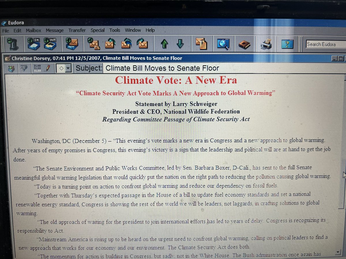 Revkin's tweet image. Opening an ancient ThinkPad that’s been in a box for 15 years is a ghostly experience. Wallpaper is me singing with Pete Seeger. One of the last emails., 12/5/2007, is “climate bill moves to Senate floor”….  #oldtech