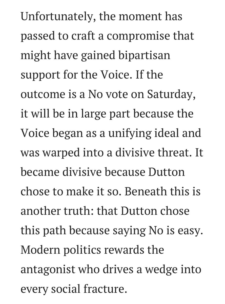 Dr Monique Ryan MP (@mon4kooyong) on Twitter photo It might be easier to say ‘No’, to drive a wedge, to block, obfuscate and deny.
But, after tomorrow, we’ll all be left with the legacy of our actions and words, and we should and will be accountable for them.
Excellent article from <a href="/CroweDM/">David Crowe</a> this morning. It might be easier to say ‘No’, to drive a wedge, to block, obfuscate and deny.
But, after tomorrow, we’ll all be left with the legacy of our actions and words, and we should and will be accountable for them.
Excellent article from <a href="/CroweDM/">David Crowe</a> this morning.