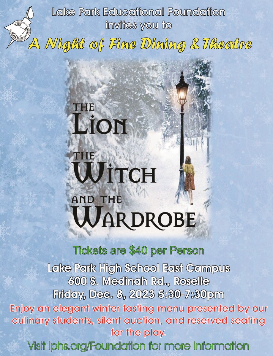 Join us Fri, Dec 8 for the Night of Fine Dining &amp; Theatre!  Guests will enjoy a tasting menu by <a href="/LPHSFCS/">Lake Park FCS</a>, music by the wonderful <a href="/LPHSband/">Lake Park Band</a> Jazz Ensemble, holiday shopping &amp; VIP seating for <a href="/LPDrama_Speech/">Lake Park Theatre</a> The Lion, The Witch &amp; The Wardrobe. lphs.org/Page/272 #WeAreLakePark