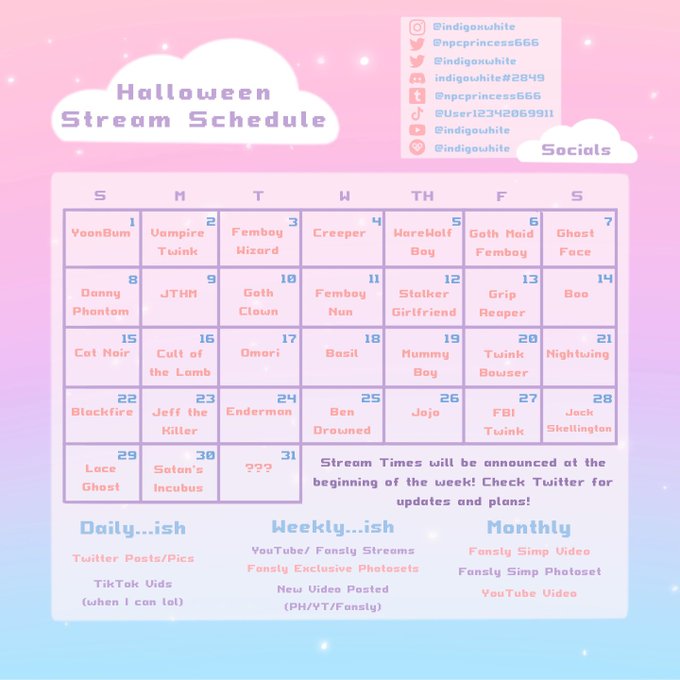 👻 Schedule for October! 🎃 I&rsquo;m going to be streaming on https://t.co/H7juPwh4KO every day this month!