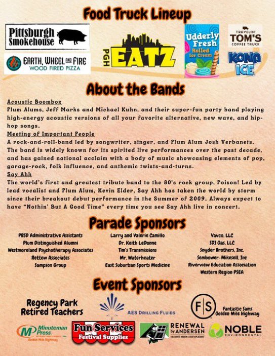 💜 Festival of Honor 🎃

Coming together as ONE PLUM to support our friends &amp; neighbors in Rustic Ridge.

📆  Sunday, October 22 
⏰  11 AM 
📍 Plum Senior High School - 900 Elicker Road, Plum, PA

Costume Parade  @ 12PM
Plum Alum Concert from 1 - 5PM