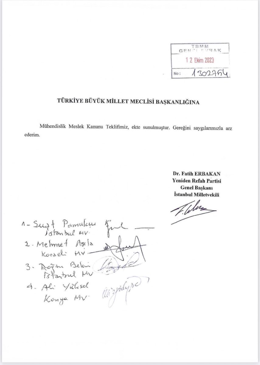 Yeniden Refah Partisi sözünü yerine getirerek “ Mühendislik Meslek Kanunu “ teklifini TBMM Başkanlığına Genel Başkan Sn. Dr. Fatih Erbakan ve Milletvekillerinin imzaları ile sundu. 

Teklifin hayırlı olmasını diliyor, bir an evvel yasalaşmasını temenni ediyorum. 
<a href="/kaMUhendisleri/">Kamu Mühendisleri Platformu</a>