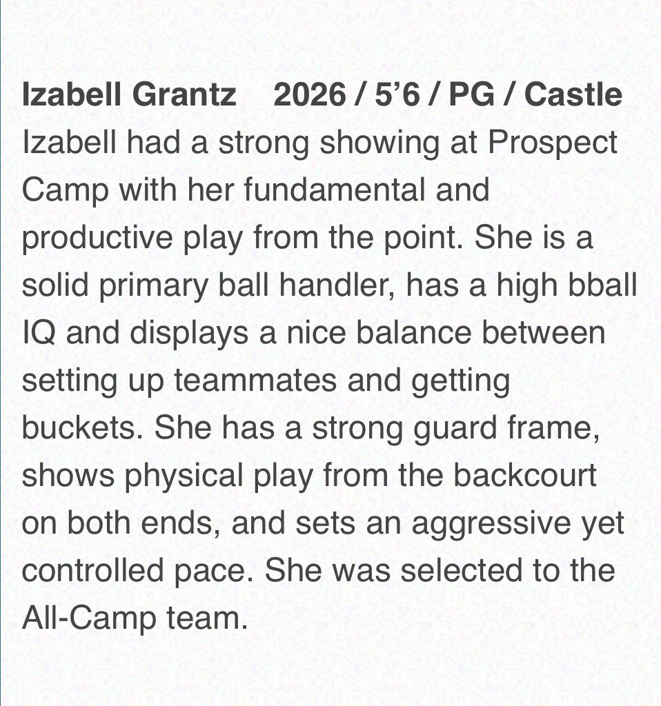 IzabellGrantz22's tweet photo. Thank you @coachbeckett for a great day of basketball at the 2023 Indiana Preseason Prospect Camp #PPC23 and the write-up. It was amazing to be chosen for the All-Camp Team. @CastleGBasketb1 @IGB_Hoops https://t.co/S0xm7DfsPh