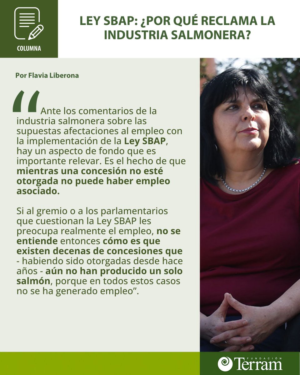 TerramChile's tweet photo. 📢[OPINIÓN] Ley SBAP: ¿Por qué reclama la industria salmonera?

Columna de @FlaviaLiberona, directora ejecutiva de Fundación Terram, sobre el reciente oficio del @MMAChile respecto a la #leysbap y las concesiones dentro de #áreasprotegidas.

📰Publicada en @elmostrador https://t.co/peHbkS5rda