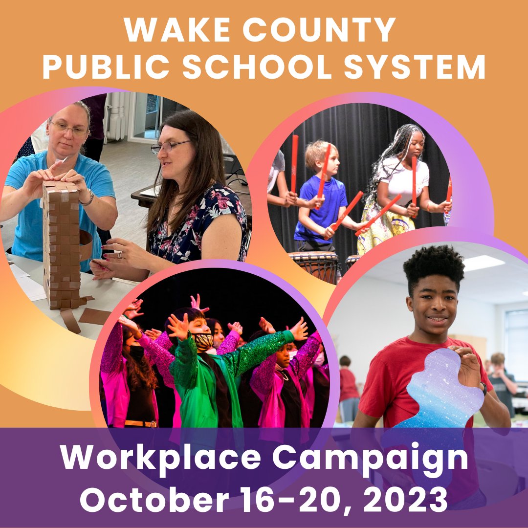 Through our #ArtistsinSchools programs, arts integration training, Pieces of Gold, Wheels on the Bus & more, United Arts & @WCPSS are strong partners! Thanks to all the educators supporting the WCPSS Workplace Campaign to help us #MAKEARTHAPPEN in schools! ow.ly/l5iI50PWbfh