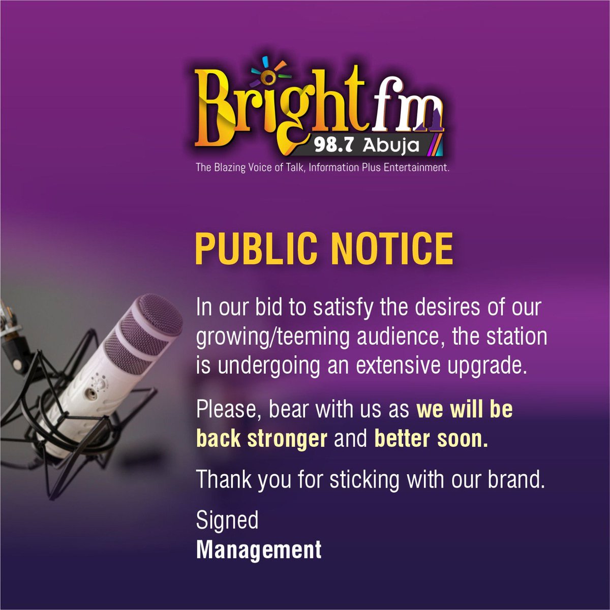 BRIGHT 98.7 FM ABUJA tweet media