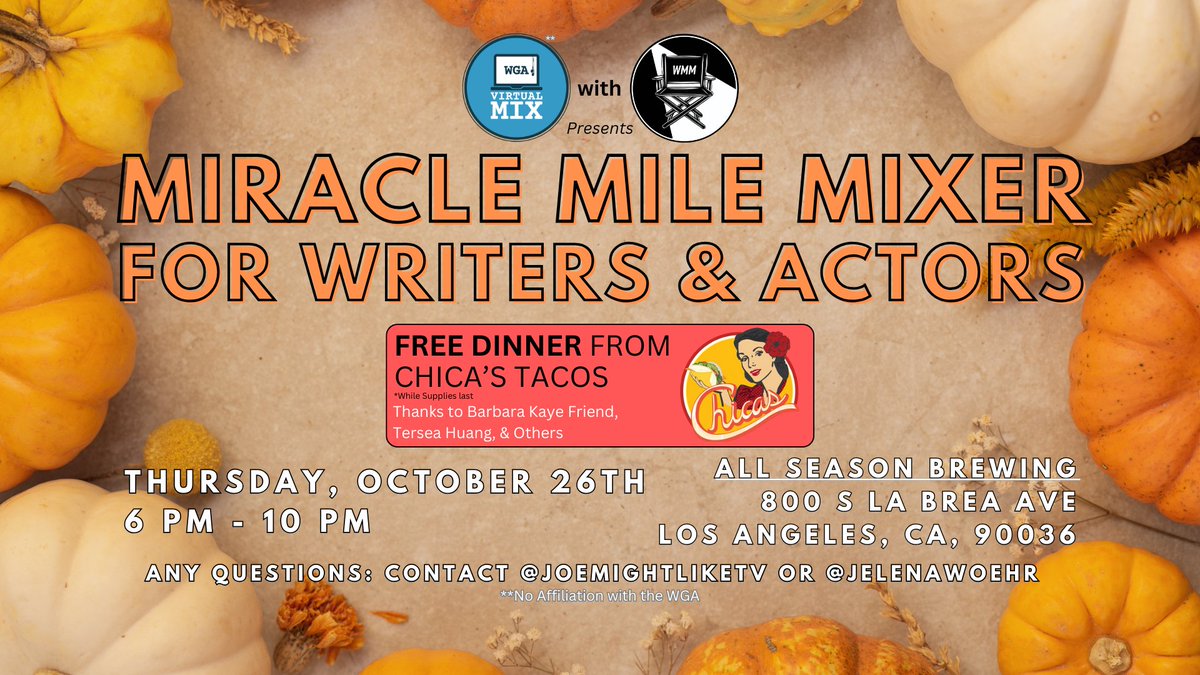 With the AMPTP's failure to give SAG a fair deal, we (w/ We Make Movies) invite actors back to our MIRACLE MILE MIXER in solidarity on Thursday 10/26. Open to ALL writers AND actors + Dinner on us thanks to @babsamiga, @teresapalooza, & more. RSVP here: evite.me/rRuX1BcySk