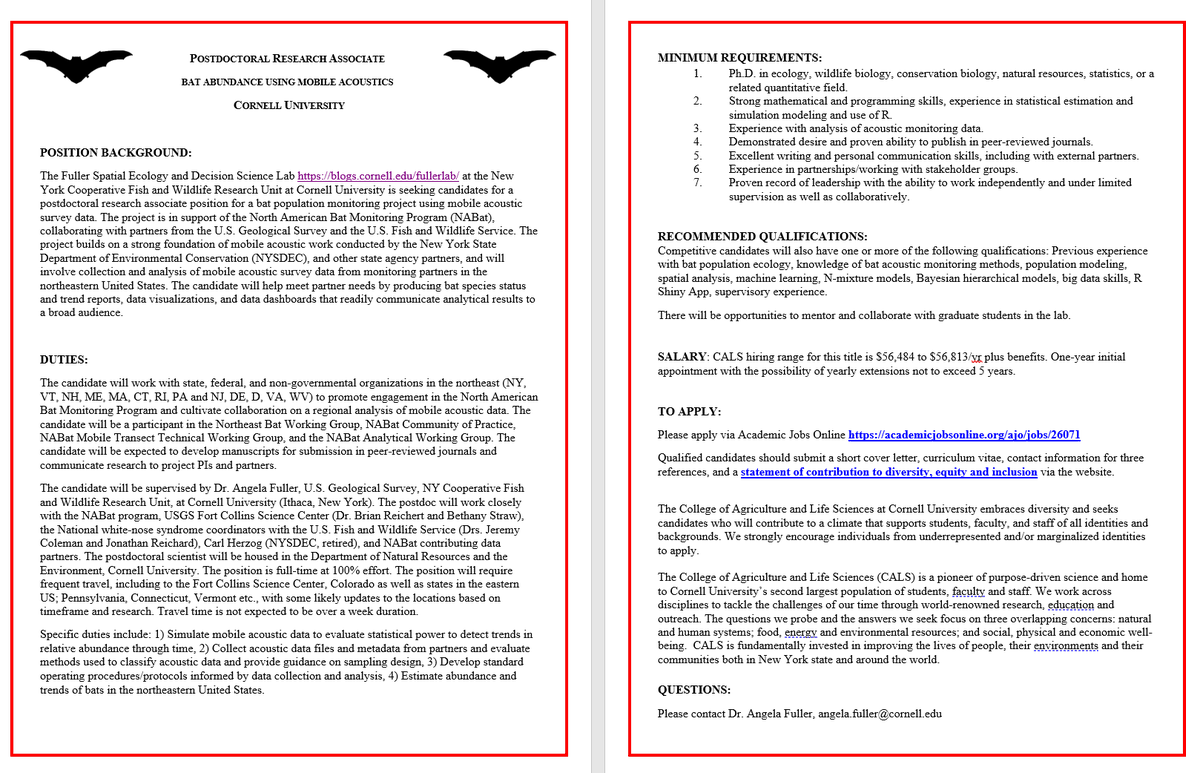 📢📢Hiring 2 #postdocs:🦇#bat population monitoring using mobile #acoustics data, supporting #NABat program. Postdoc #1: estimate bat abundance and trends. academicjobsonline.org/ajo/jobs/26071 Postdoc #2: data management/develop data visualization products (announcement forthcoming)📢📢 RT