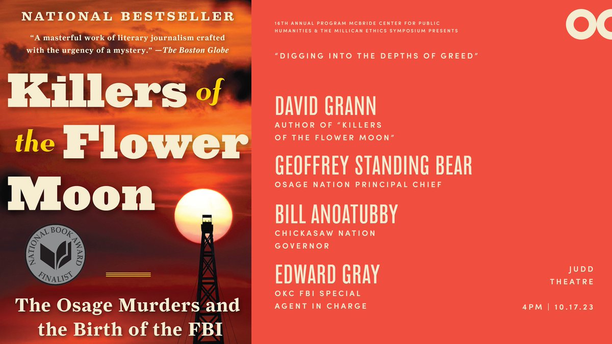 Join us for "Digging Into the Depths of Greed: A Case Study of the Osage Murders of the 1920s" before David Grann's presentation.
Save the date: October 17th at 4:00 pm at Judd Theatre. Admission is FREE, but you will need a ticket. Grab yours at ➡️ bit.ly/3rAntyA