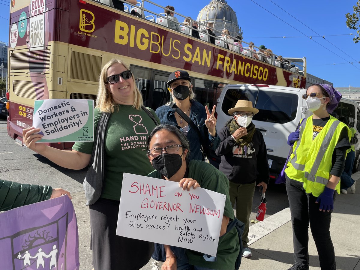 HiHemployers's tweet photo. From LA to San Francisco, domestic employers showed up in solidarity with @CADomesticWrker to let @CAgovernor @GavinNewsom know that employers reject his use of us to veto #SB686 and say: #NotInOurName! https://t.co/ODJlcgRnYc