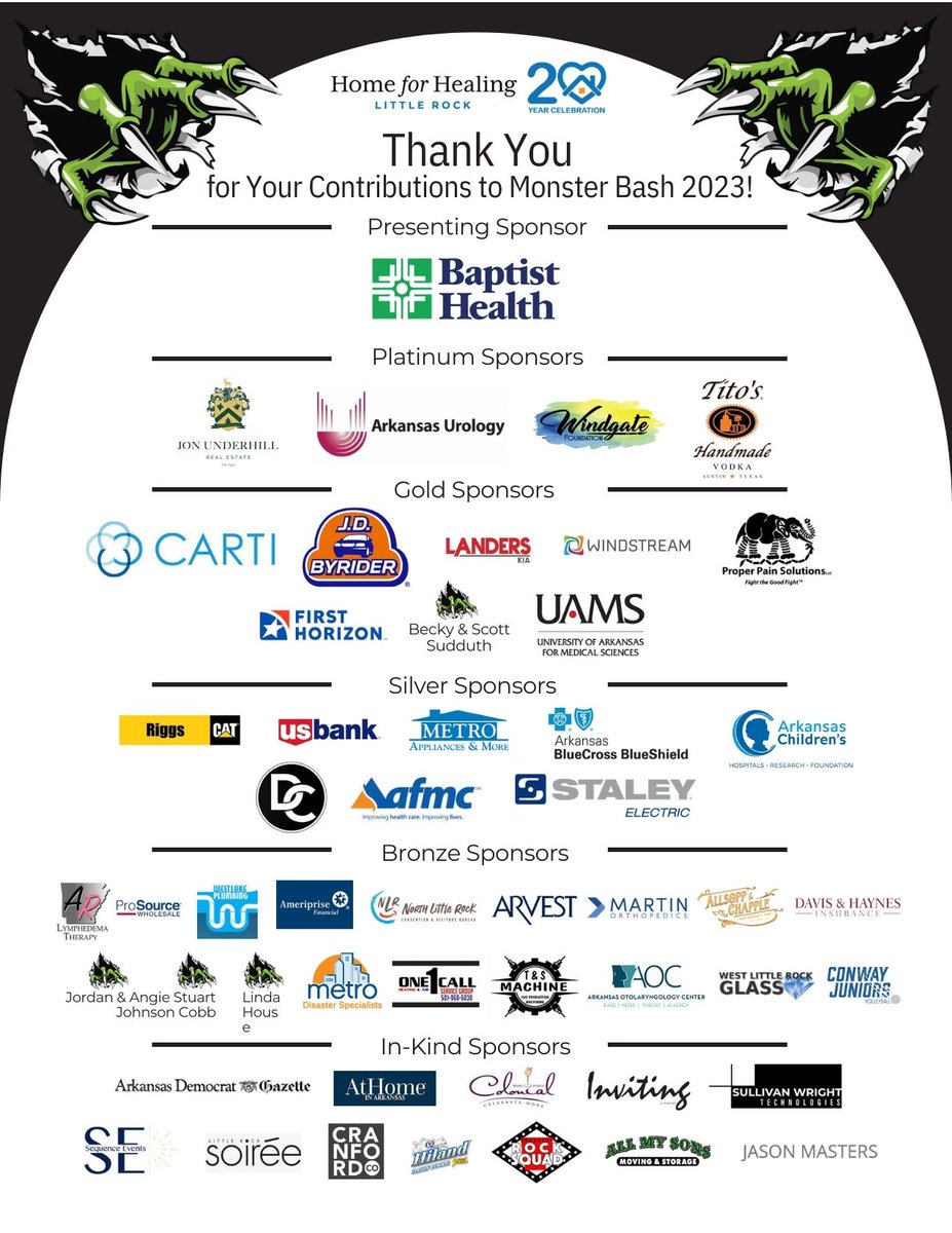 HomeforHealing's tweet photo. 🎉 A Massive Shoutout to Our Amazing Sponsors at our Monster Bash Event 2023! 🌟 Your unwavering support turned our event into a monstrous success! 🎃👻  Your sponsorship brought this magical evening to life, inspiring us all. https://t.co/Q7UFXlnbUL