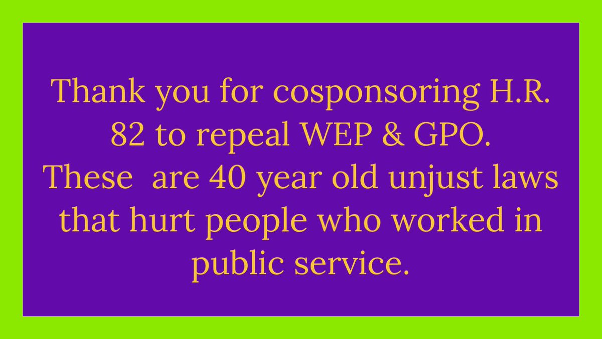 <a href="/RepRyanZinke/">Rep Ryan Zinke</a> Thank you for supporting full repeal of Windfall Elimination Provision &amp; GPO in the 117th Congress. We need your help again in 118th. PLS  cosponsor HR 82 to #EliminateWEPGPO! Bring financial relief to millions of Americans who deserve earned Soc Sec benefits!