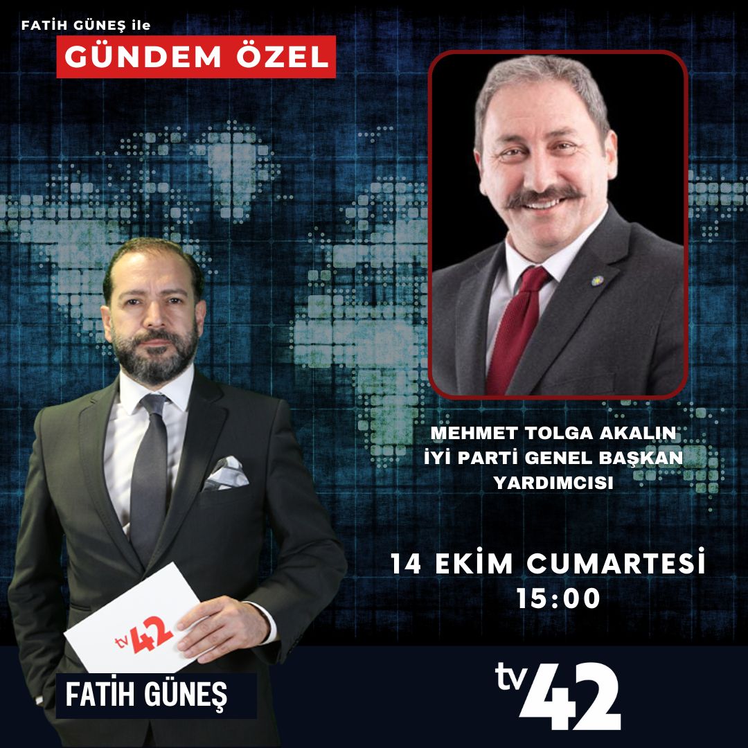 14 Ekim 2023 Cumartesi saat 15:00 de, Fatih Güneş'le Gündem Özel, İyi Parti Genel Başkan Yardımcısı Mehmet Tolga Akalın'ı <a href="/avtolgaakalin/">Mehmet Tolga AKALIN</a> konuk ediyor...
Hamas-israil, Güvenlik Politikaları ve Bölgeye yansımalarını <a href="/tv42resmi/">tv42</a> de konuşacağız..
Kaçırmayın...
<a href="/mfatihgunes/">Fatih GUNES</a>
<a href="/iyiparti/">İYİ Parti</a>