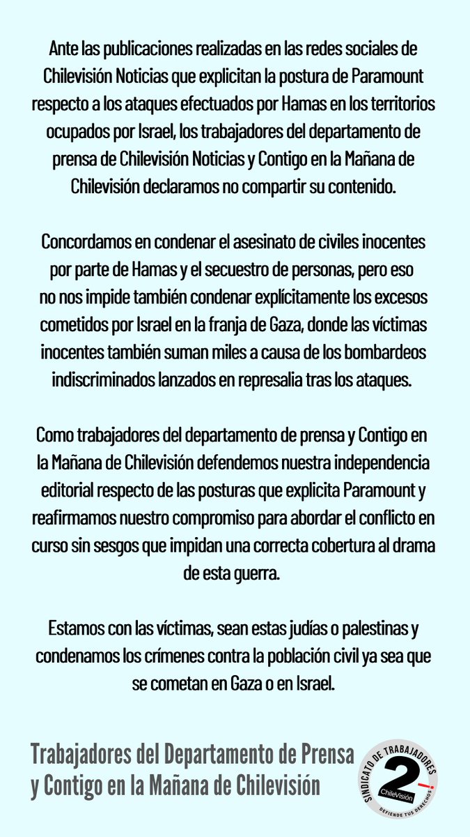 Trabajadores del Departamento de Prensa de CHV y del matinal Contigo en la Mañana toman distancia del comunicado de Paramount. Condenan los ataques de Hamas a civiles, pero también los de Israel, y defienden su independencia editorial en la cobertura al conflicto.